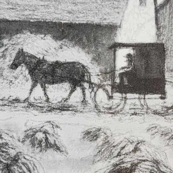 Vintage Amish Country Pencil Drawing Print Signed JO K0 10x12 Barn Horse Buggy - Picture 7 of 14